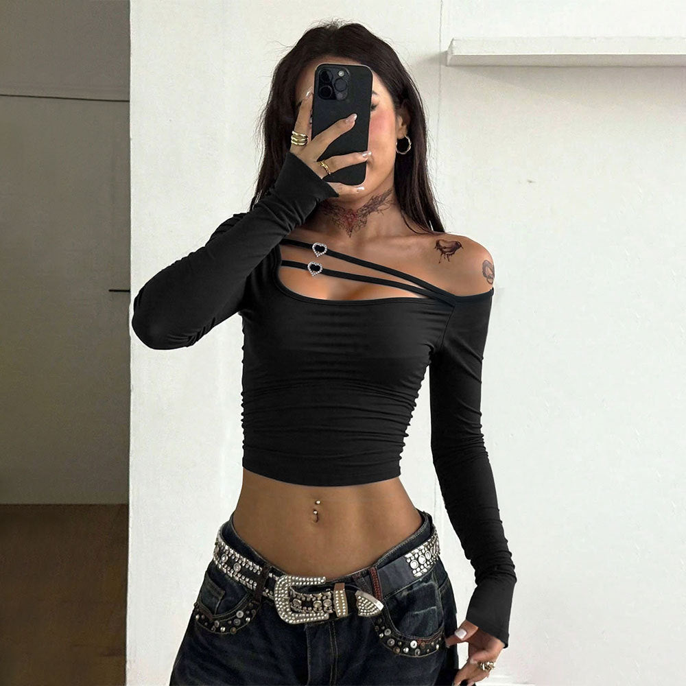 Black Sexy Off-shoulder Halter Hot Girl Hollow-out Cross Strap Design Niche Crop Top