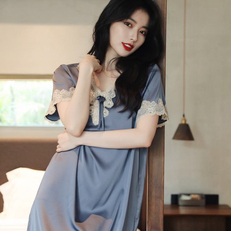 Womens Summer Ice Silk Loose Plus-Size Nightdress