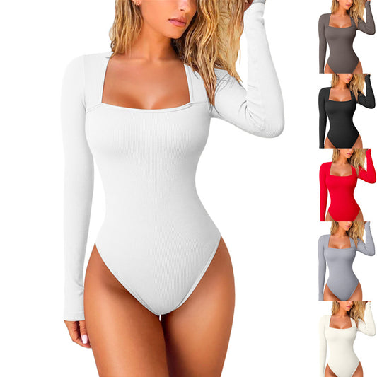 Oumeiya Sexy Rib Square Collar Long Sleeve Belly Contracting Casual Women's Jumpsuit