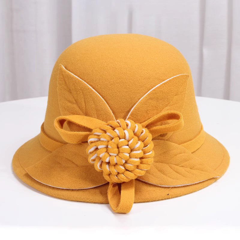 Korean Style Autumn And Winter Women's Woolen Hat Flowers British Retro Fisherman Basin Hat