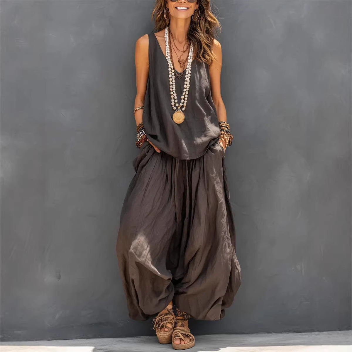 Womens Solid-Colored Casual Sleeveless Tank Top And Wide-Leg Pants Cotton-Linen Set