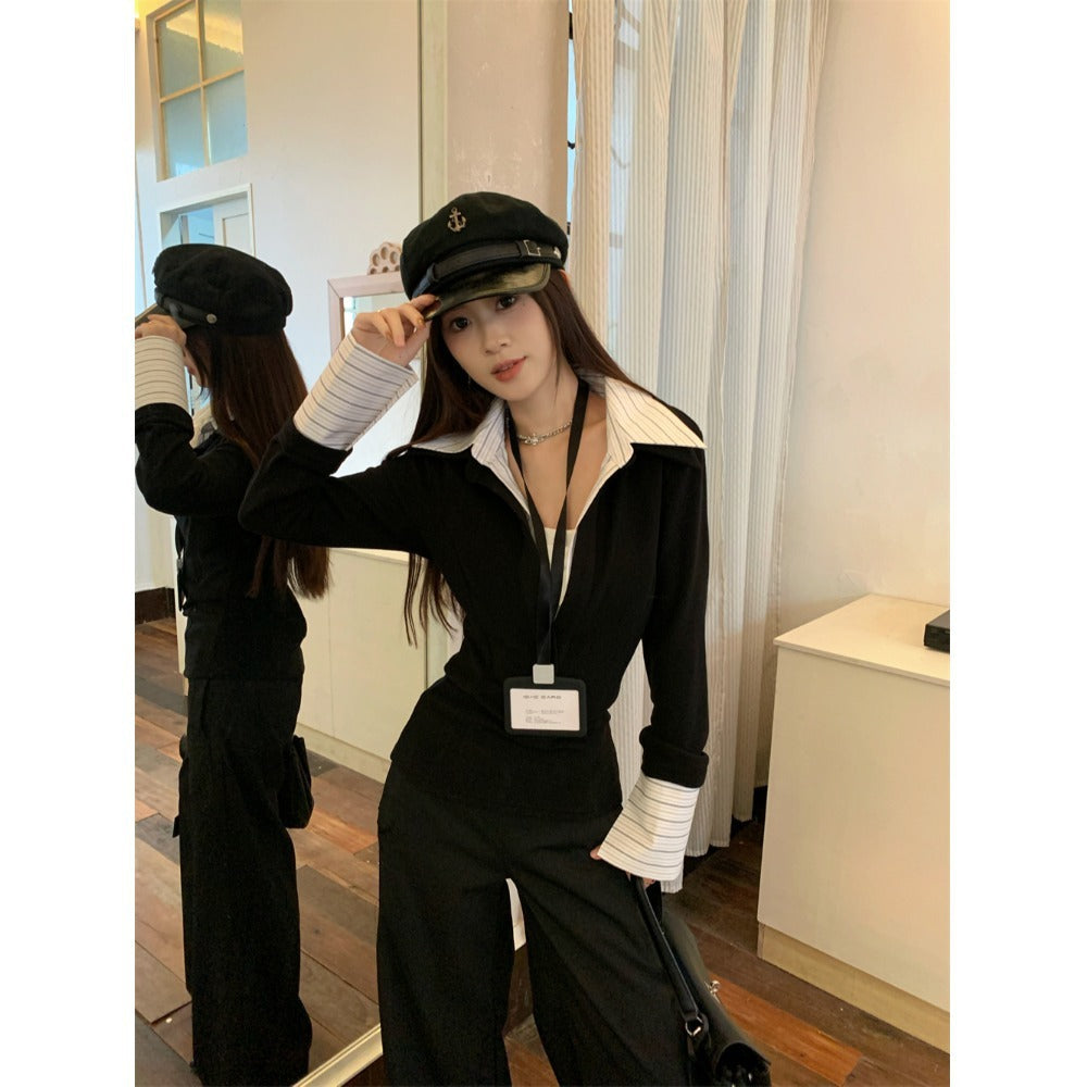 False Two-piece Patchwork Lapel Knitwear Female Winter Coat
