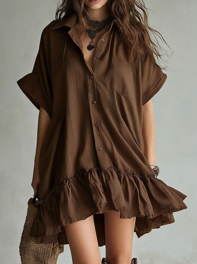 Collared Loose Short-Sleeved Ruffled Shirt Dress
