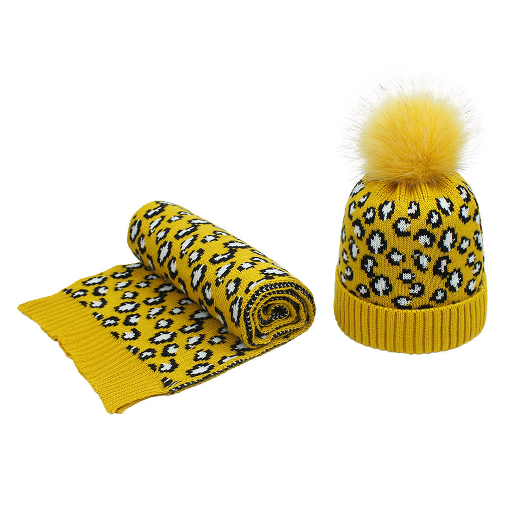 Women's Autumn And Winter Leopard Print Hair Ball Hat Scarf Set