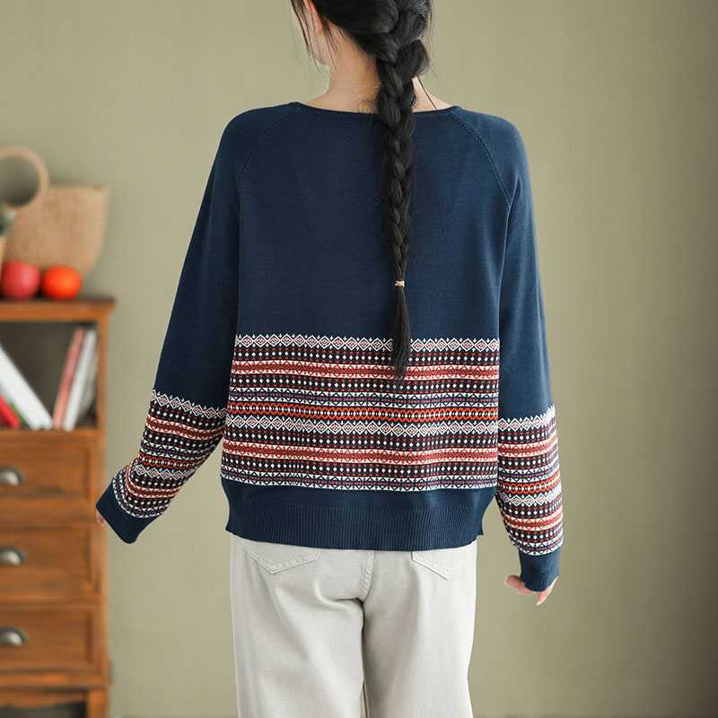 Striped Jacquard Cotton Knitted Sweater For Women