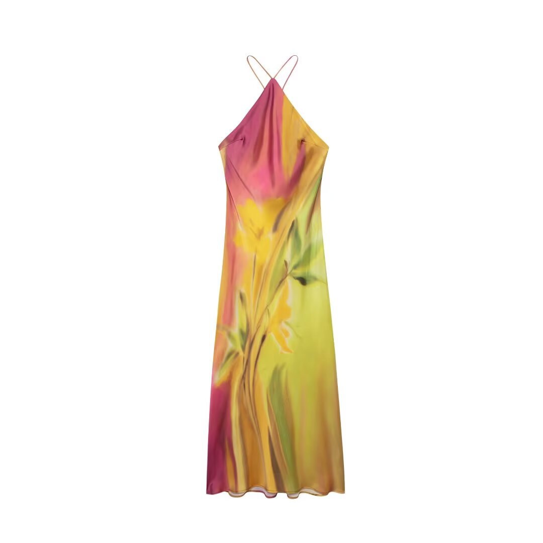 European And American Style Women's Printed Sleeveless Halter Sexy Loose Long Dress
