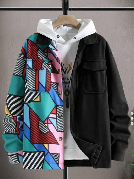 European And American Style Men's Clothing Printed Casual Loose Pockets Jacket