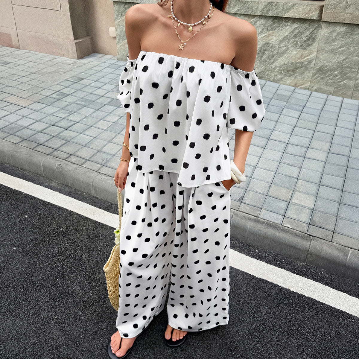 Elegant Casual Commute Fashion Polka-Dot Off-Shoulder Set