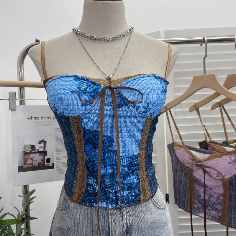 Vintage Ink Painting With Chest Pad Short Lace Up Tube Top For Women