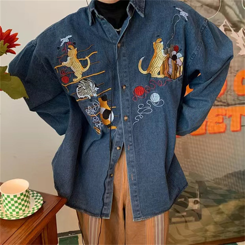 Women's Cat Embroidered Retro Denim Shirt Coat