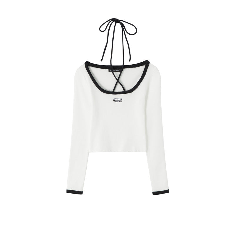 Japanese Niche Hanging Neck Lace-up Knitted Shirt Autumn And Winter Slim