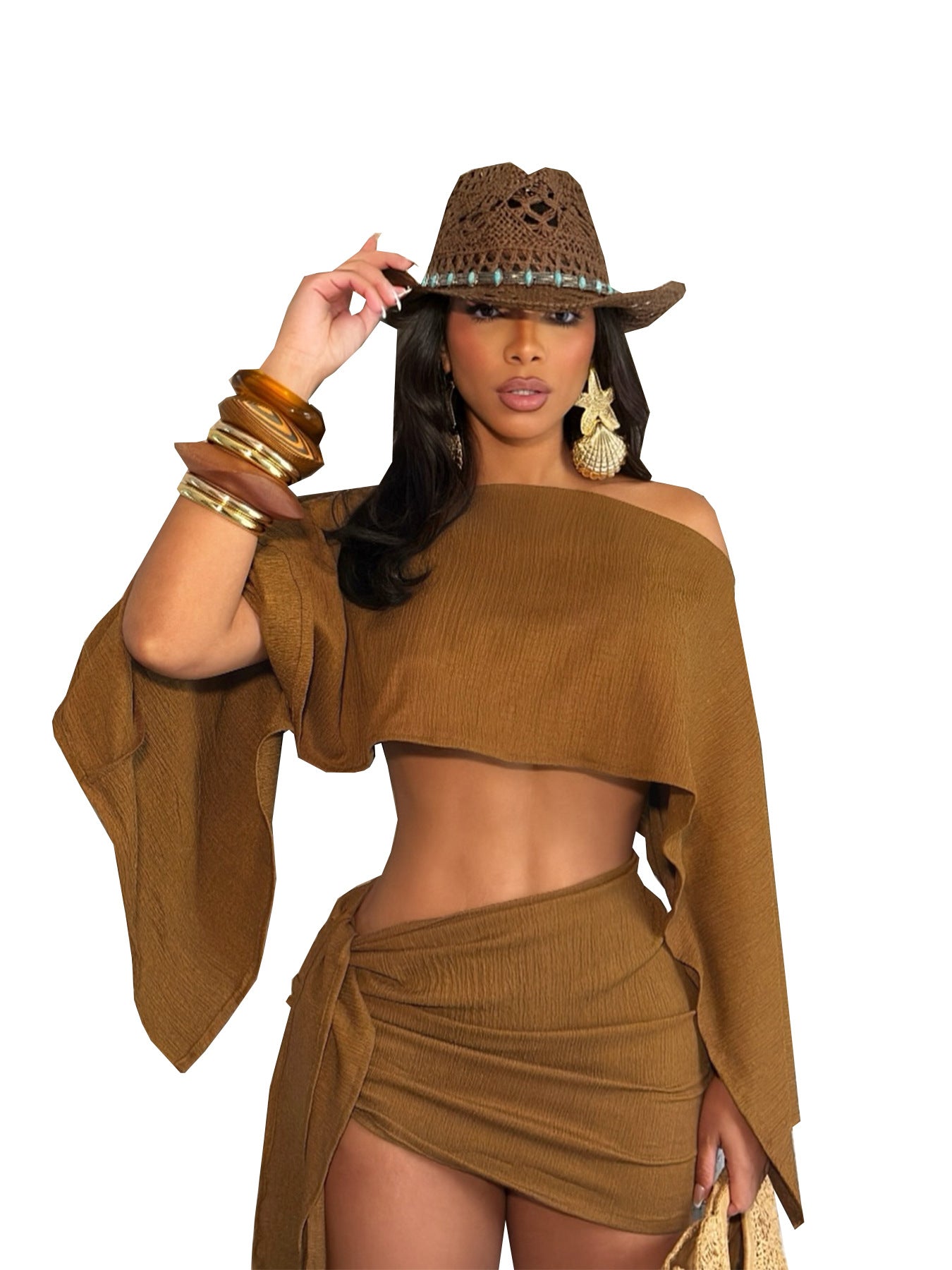 Off-shoulder Top And Tie-front Bodycon Skirt Set