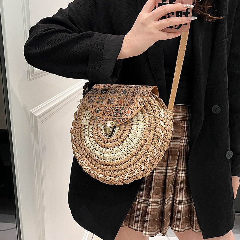 Seaside Holiday Small Crossbody Round Bag Round Cake Straw Bag