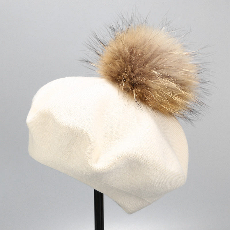Ins Hat New Real Hair Ball Beret Women