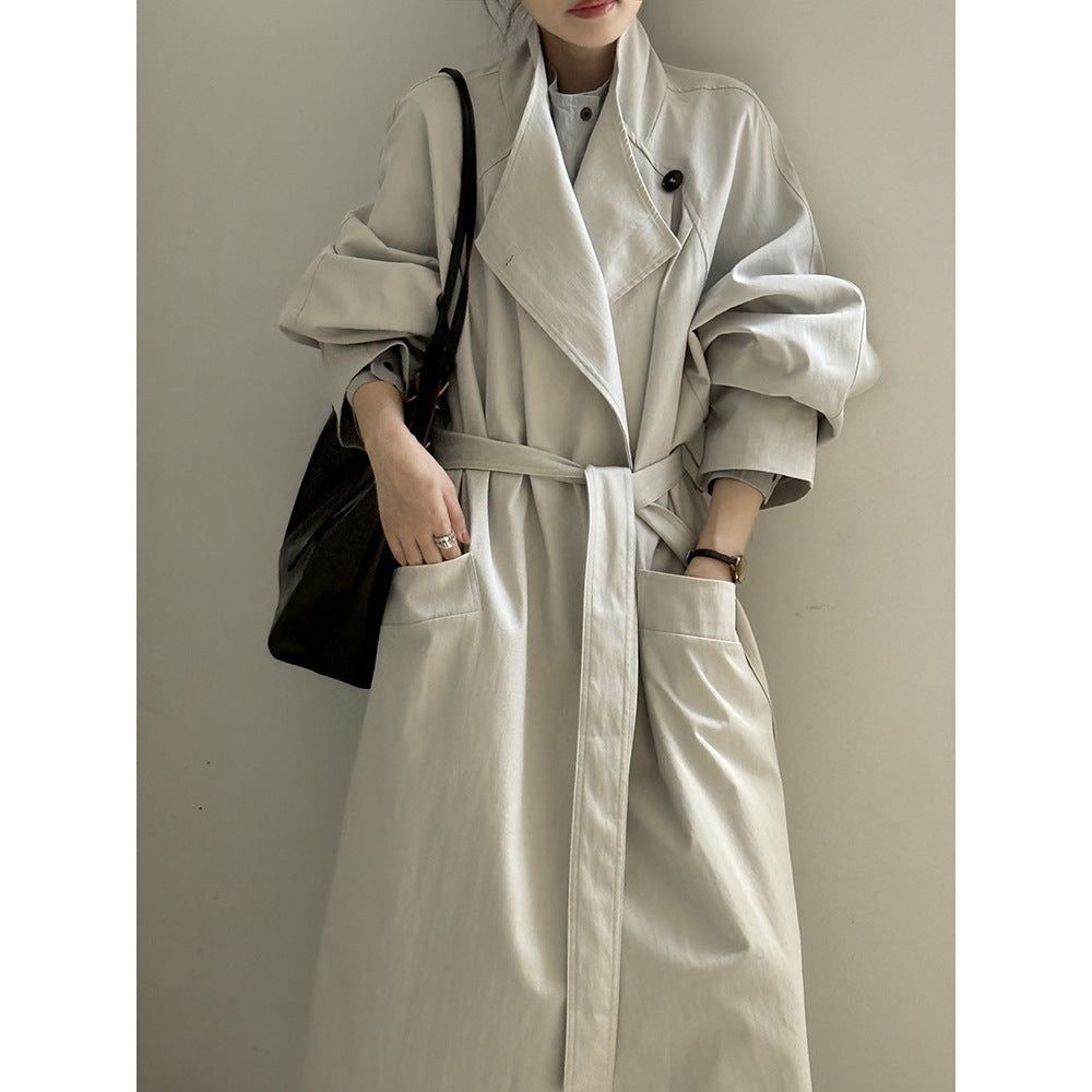 Retro Revers Enkelt Knap Mellemlang Trenchcoat Dame Bæltefrakke