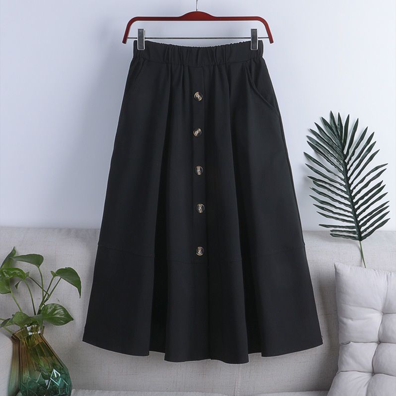 Japanese Style All-matching Button Elastic Waist Big Hem Skirt
