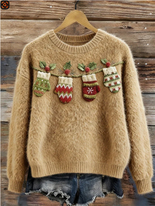 Womens Flannel Crew-Neck Sweater With Digital Christmas Print For FallWinter
