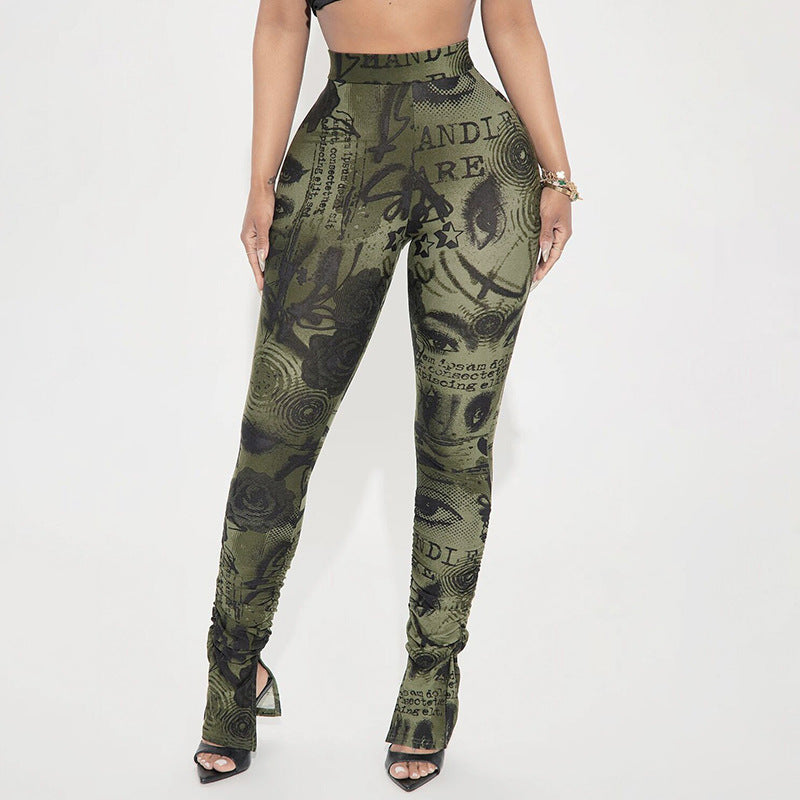 Printed High-waisted Stretch Slim-fit Casual Pants With Slits And Pleated Hems