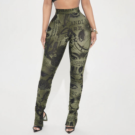 Printed High-waisted Stretch Slim-fit Casual Pants With Slits And Pleated Hems