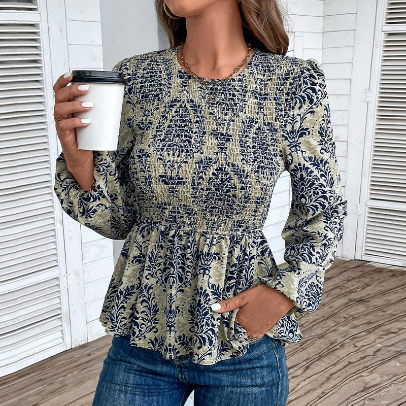 Dame Top Smock Detalje Slim Fit Rund Hals Lange Ærmer Printet