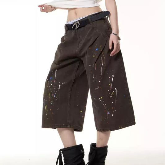 Retro Paint-splashing Style Graffiti Denim Shorts Baby Boy And Girl Summer Loose Straight