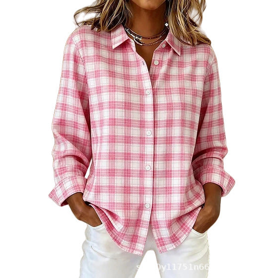 Womens Plaid Floral Print Long-Sleeve Blouse
