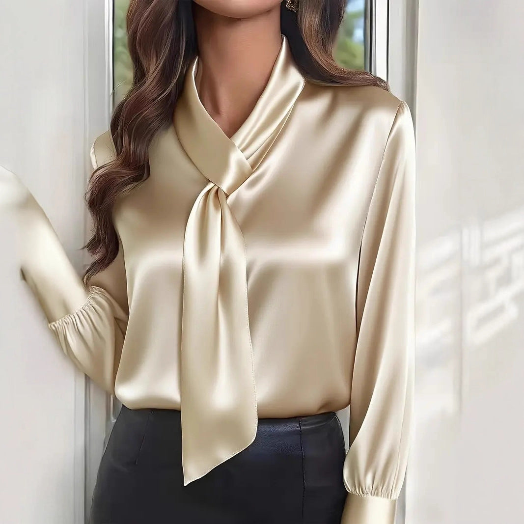 Autumn Solid Color Fashion Design Sense Streamer Long Sleeve Shirt Women's Clothing