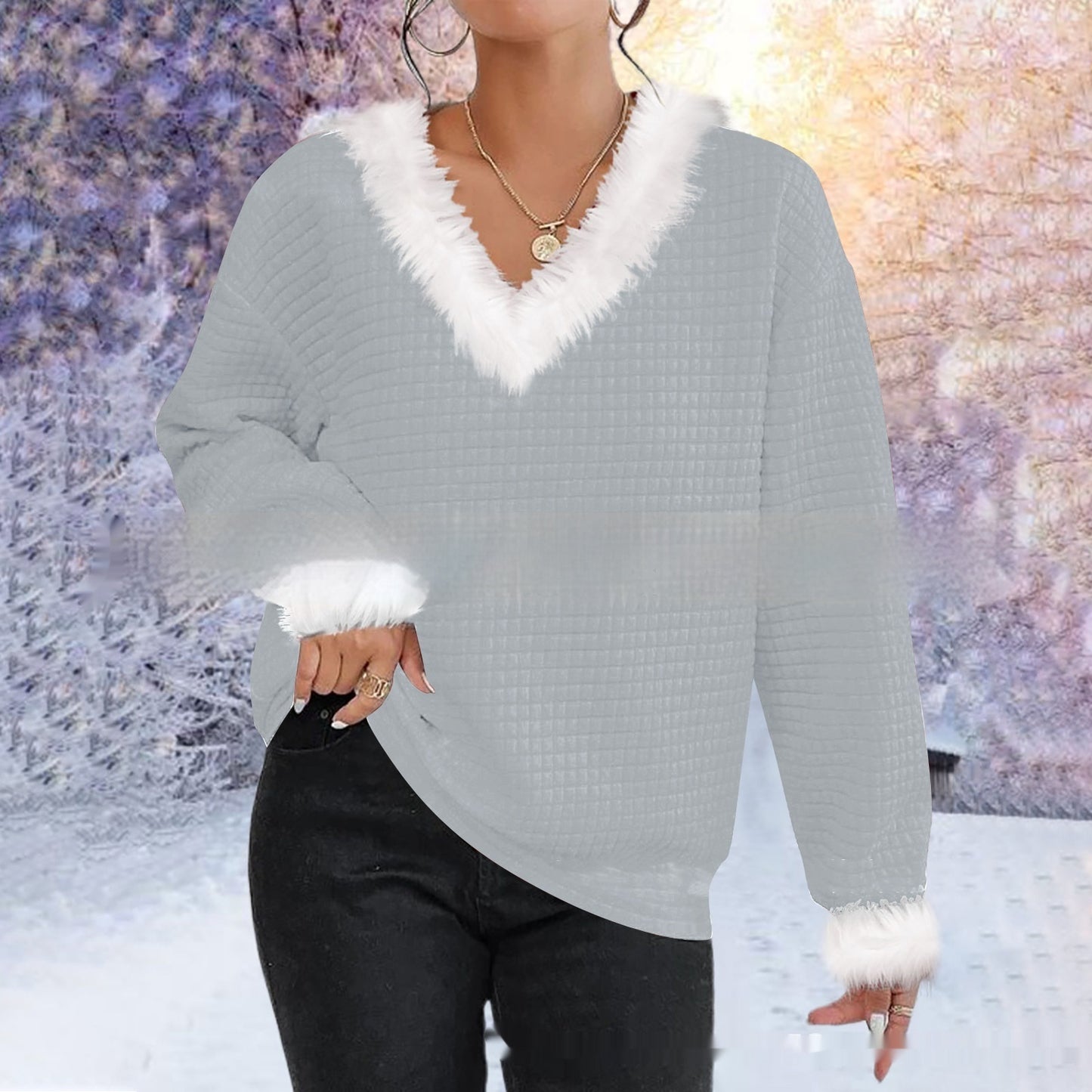 Autumn And Winter New Furry V-neck Solid Color Long Sleeve Sweater Top Women