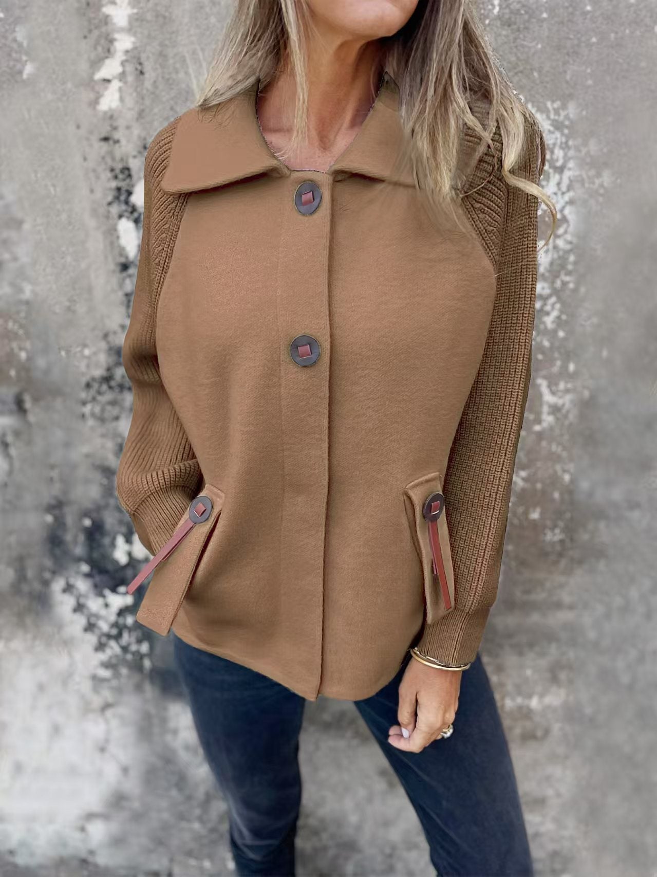 Casual Polo Collar Fashion Pocket Cuff Stitching Jacket Coat