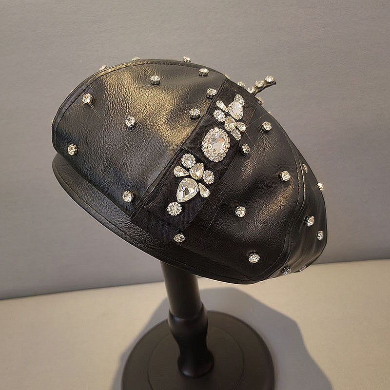 PU Leather Octagonal Hat Korean Style Rhinestone Bow Beret