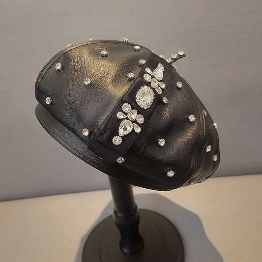 PU Leather Octagonal Hat Korean Style Rhinestone Bow Beret