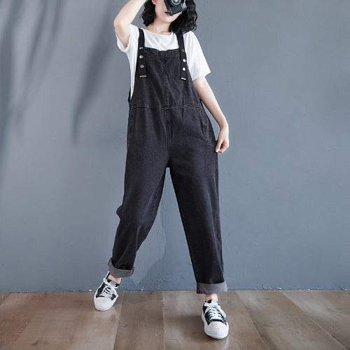 Oversized Loose Pocket Casual Denim One Piece Bib Trousers