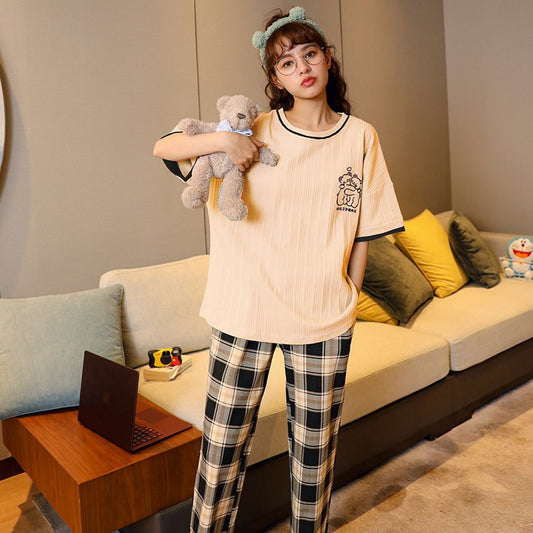 Summer Pajamas Women's Short-sleeved Trousers Cotton Two-piece Set