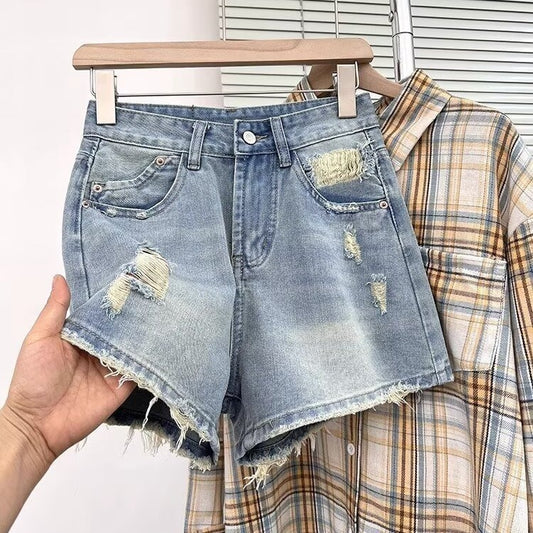 Plus-size High-waisted Ripped Denim Shorts For Women