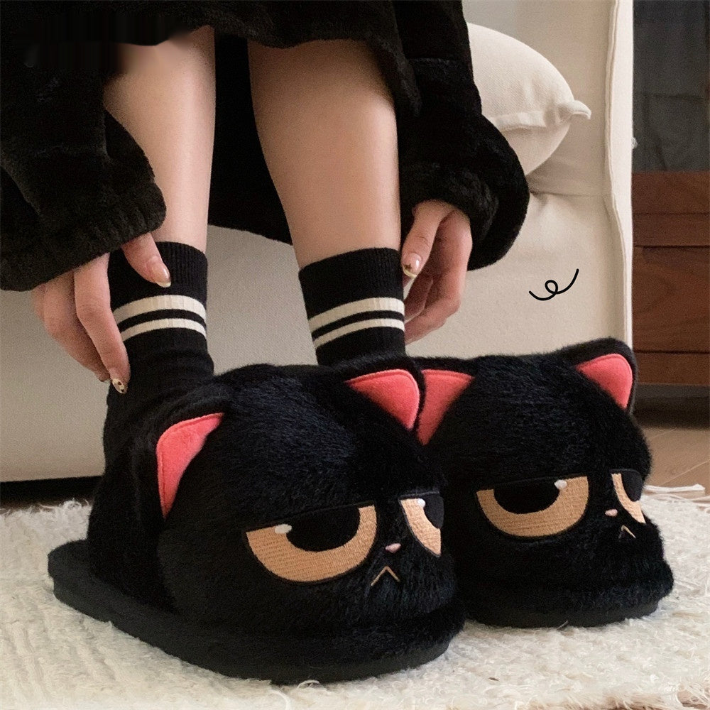 Cute Couple Angry Little Black Cat Fur Men And Women Thermal Cotton Slippers