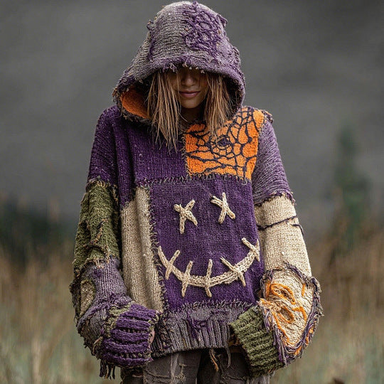Drop-Shoulder Vintage Womens Printed Loose Hooded Top