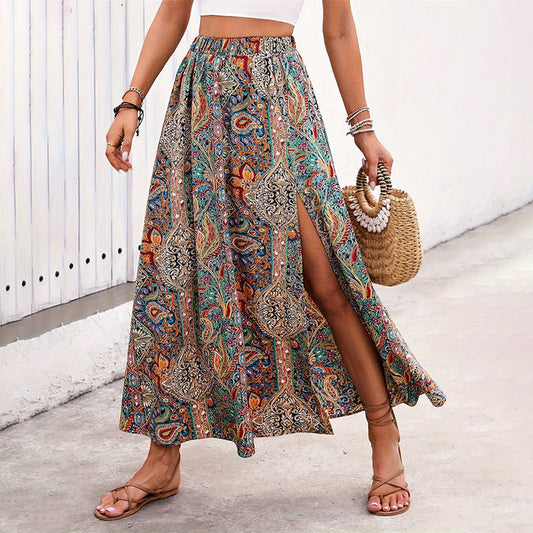 Womens Ethnic-style Floral-print A-line Skirt With A Slit