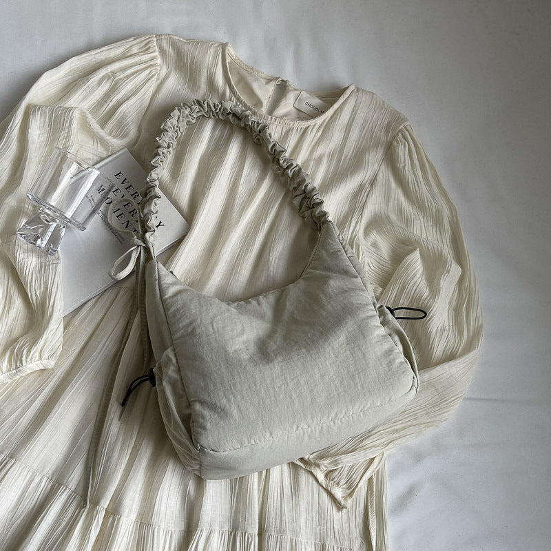 Dametaske med bindebånd, rynker og flæser – Bærbar skuldertaske/crossbody