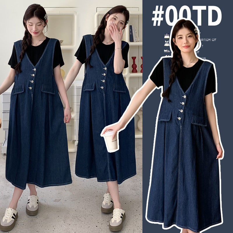 Plus size tynd denimvest, nederdel, basis T-shirt, todelt sæt