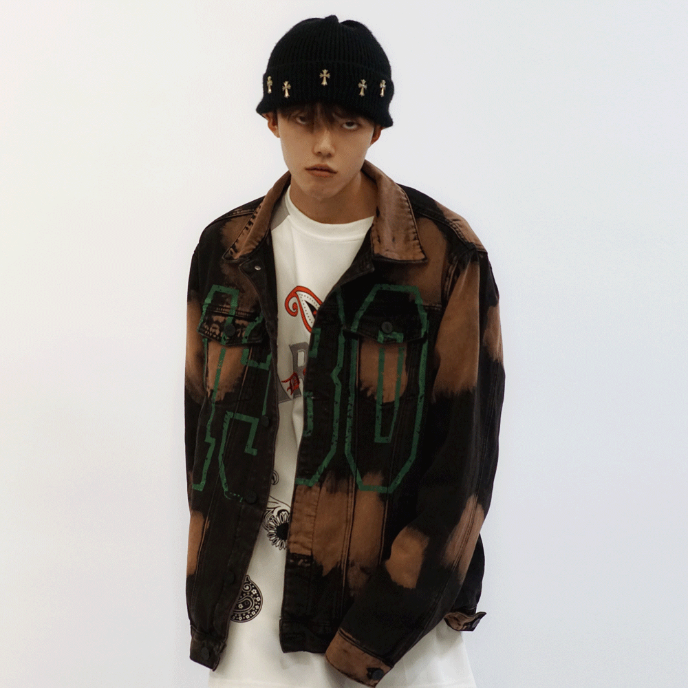 Letter Print Tie Dye Denim Jacket Men's European And American Trendy Brand Loose