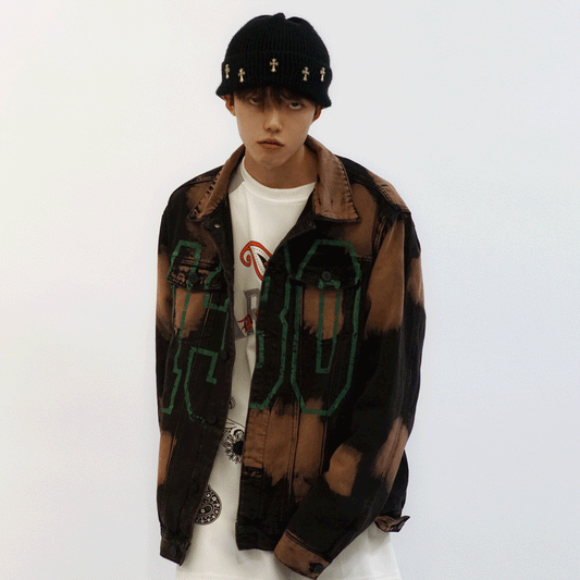Letter Print Tie Dye Denim Jacket Men's European And American Trendy Brand Loose
