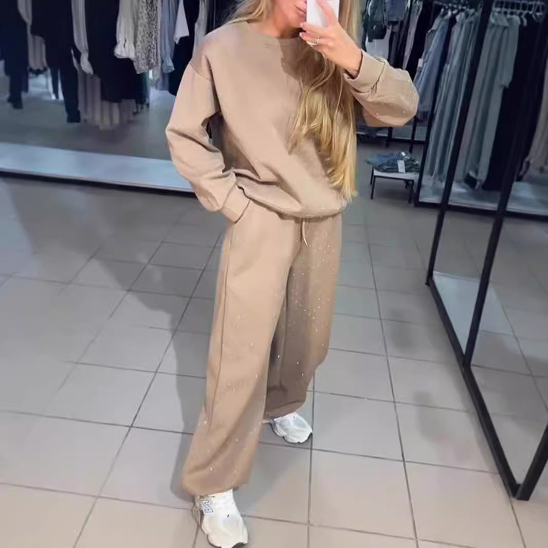 Womens Casual Crew-Neck Long-Sleeve Drawstring Ankle-Cuff Set
