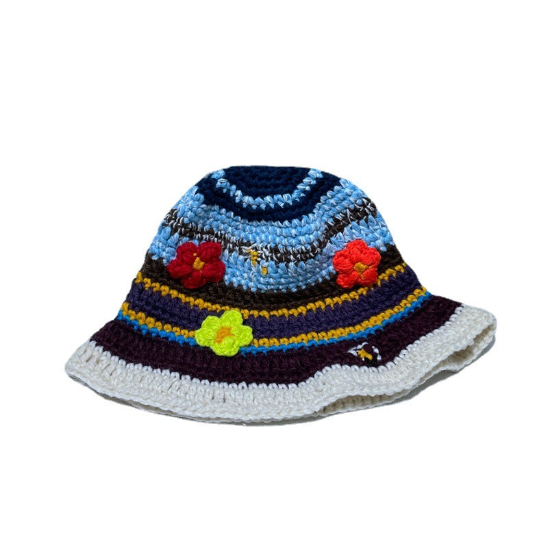 Design Retro Hand-woven Color-block Flower Bucket Hat