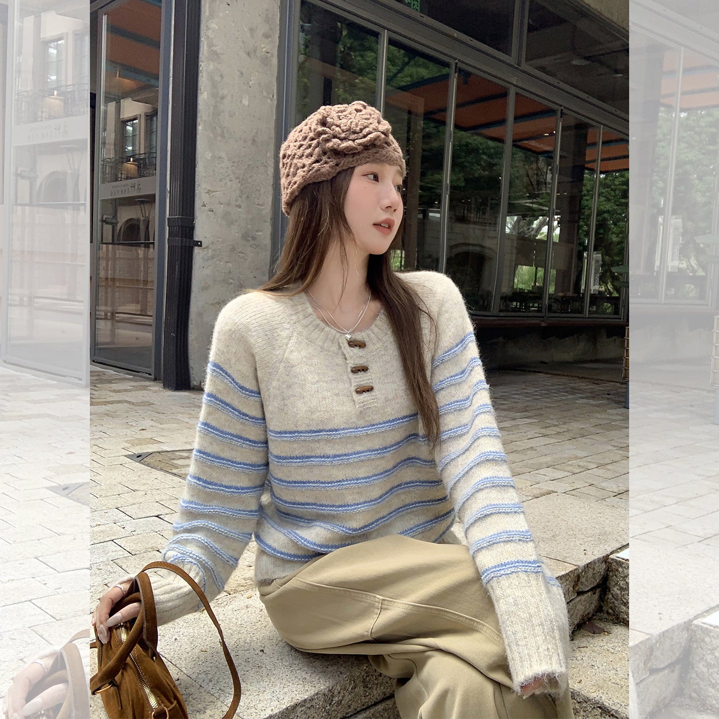 Womens Casual Striped Half-zip Long-sleeve Base Top