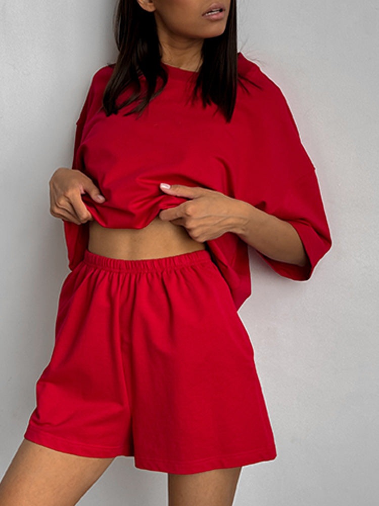 Casual Short-Sleeve Crew-Neck Top And Shorts Two-Piece Set