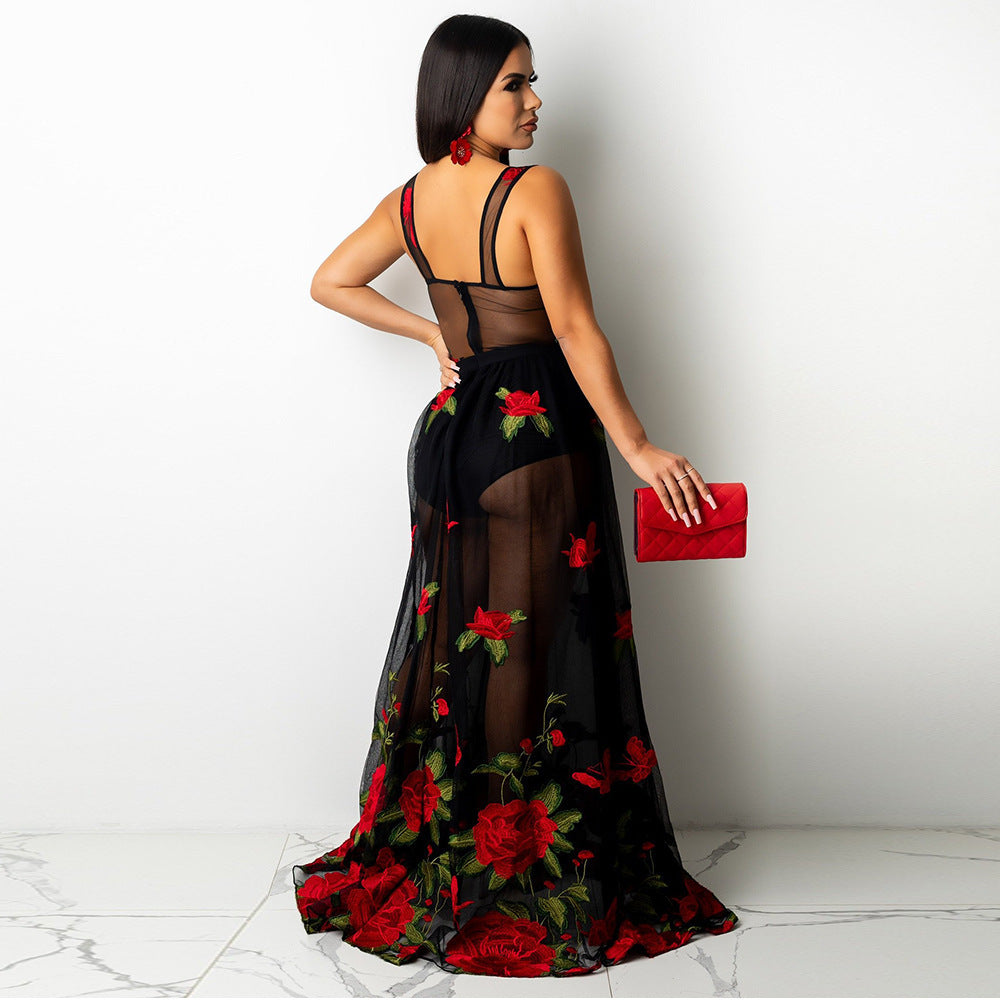 Womens Versatile Sexy Slip Dress With Embroidery And Sheer Details