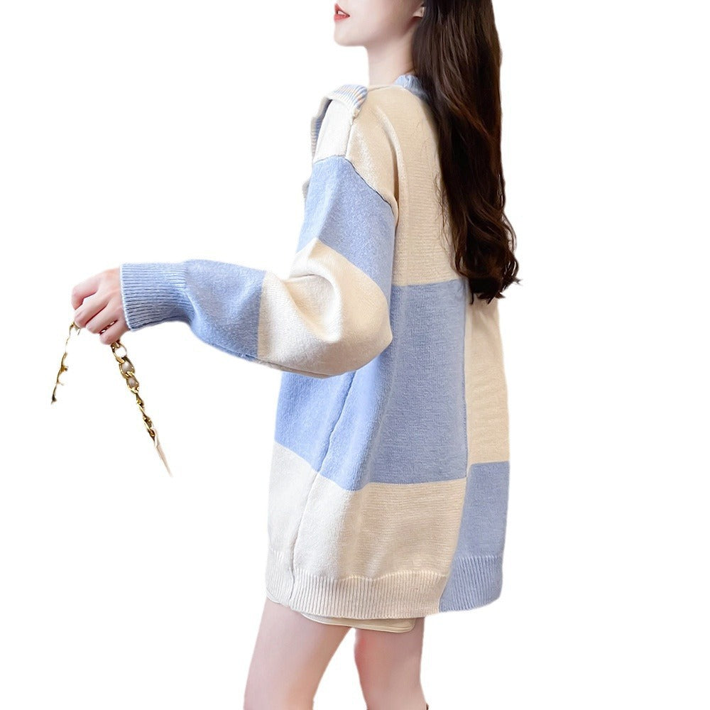 Age-reducing Color Matching Design Round Neck Sweater Loose