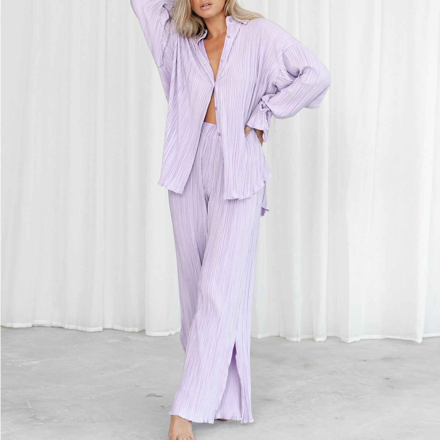Fashion Suit Pleated Shirt Long Sleeve Split Pajamas Two-piece Set