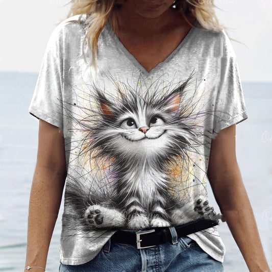 Women's Summer Cat Print Casual Short-sleeved 3d T-shirt Casual Clothing Round Shirt