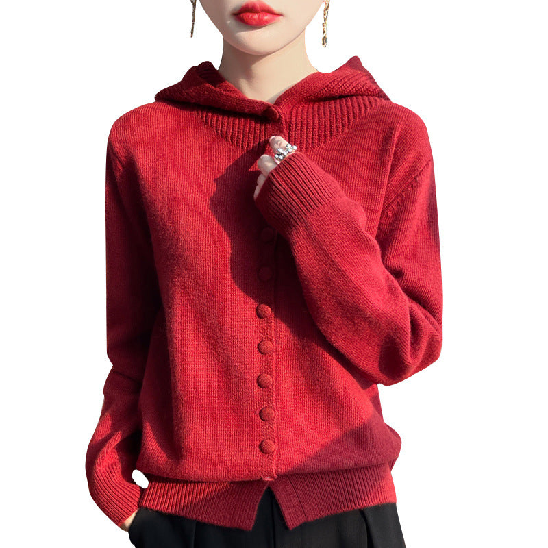 Womens Knitted Sweater Stylish Western Style Solid Color All Match Hooded Knit Cardigan
